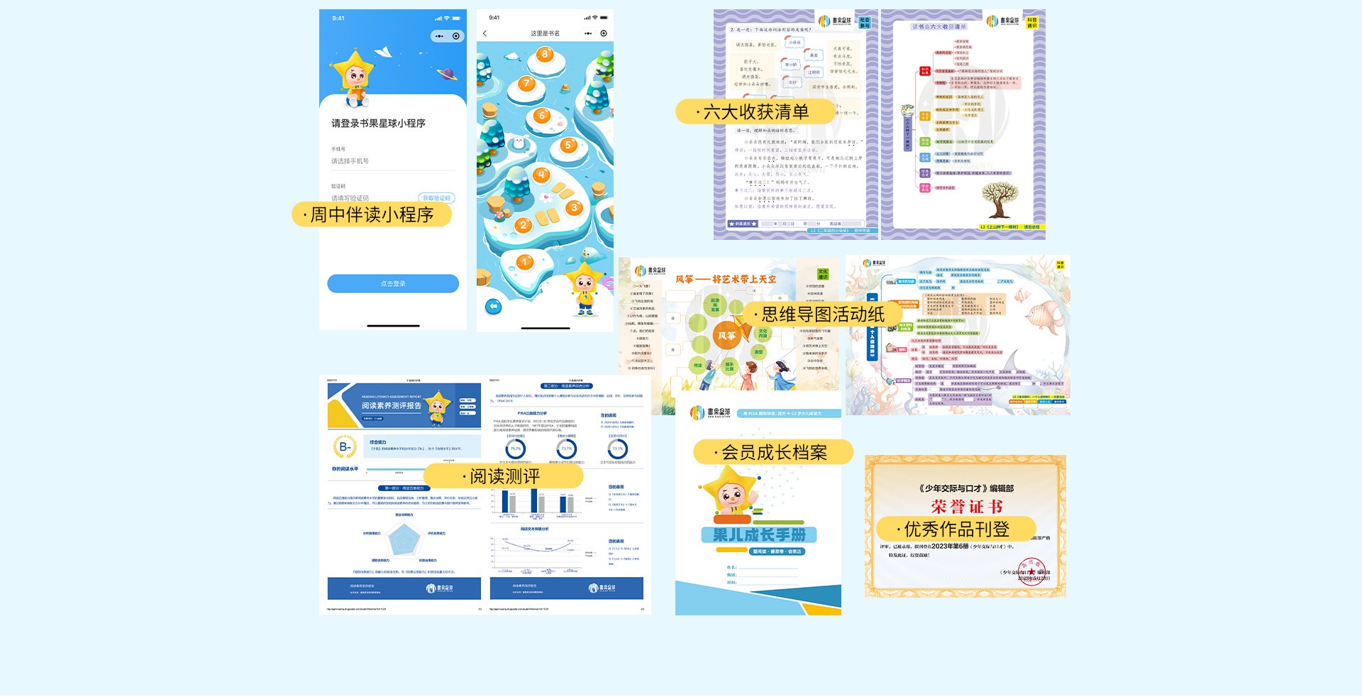 周中伴读小程序、六大收获清单、思维导图活动纸、阅读测评、会员成长档案、优秀作品刊登